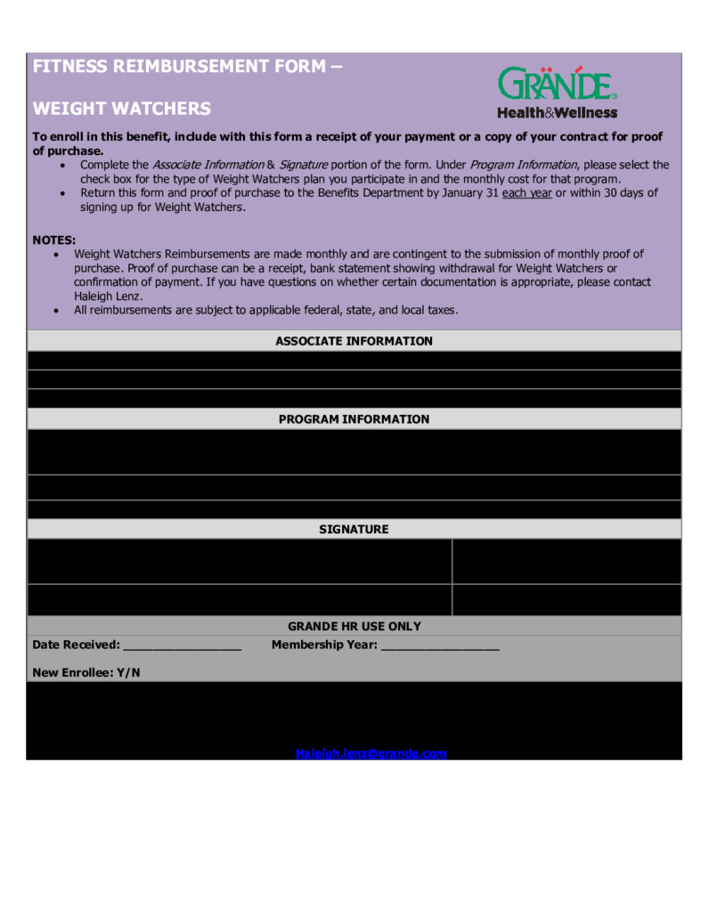 Fitness Reimbursement Form Weight Watchers Grande Health & Wellness